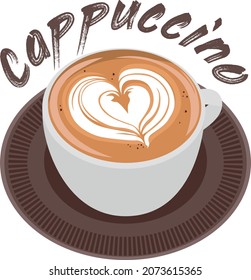 A cup of cappuccino with a drawn heart on a beautiful brown plate