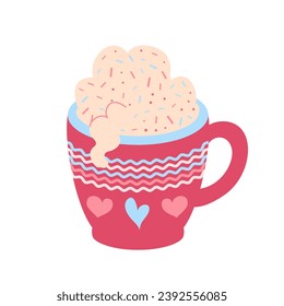 Cup of cappuccino with fluffy milk foam. Cute mug with hearts. Delicious drink for Valentines Day. Festive mug as gift. Flat vector illustration.