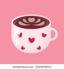 Cup of cappuccino with foam and pattern isolated on pink background.Coffee in beige cup with hearts. Coffee for Valentines Day design. Design for  coffeeshops, shops,  cafeterias. Vector illustration.