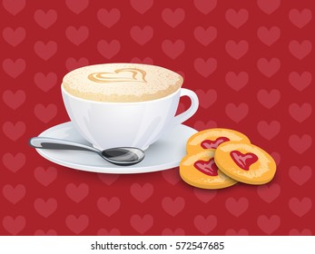 Cup cappuccino with heart cookies, spoon. On red background with pink hearts. Romantic design for cafe. Vector illustration