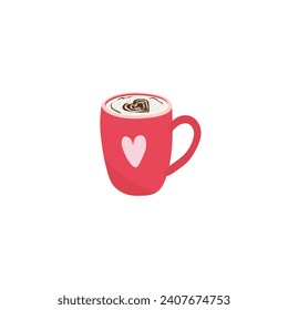 A cup of cappuccino with heart shape foam cream flat vector illustration isolated on white background. Element for Valentine's day concept. Doodles clip art in cartoon style. Happy Valentine's day.