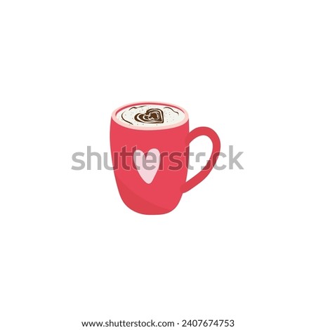 A cup of cappuccino with heart shape foam cream flat vector illustration isolated on white background. Element for Valentine's day concept. Doodles clip art in cartoon style. Happy Valentine's day.