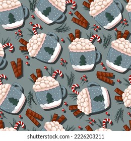 a cup of cappuccino or hot chocolate. Hand-drawn. With cream, cream and cinnamon. Hot chocolate. Christmas seamless design