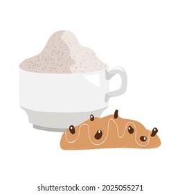 Cup of cappuccino with a large milk foam and cookies. Vector Illustration. Flat Style