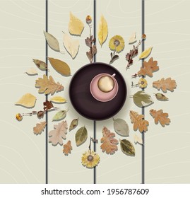Cup of cappuccino or latte on the table top view. Autumn illustration. Autumn leaves. Herbal tea. Vector illustration.