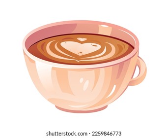 Una taza de capuchino con espuma de leche en forma de corazón. Una taza de café. Ilustración vectorial de corte.