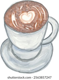 A cup of cappuccino morning coffee hand drawn watercolor illustration with isolated white background