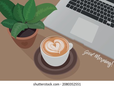 Cup of cappuccino on the table with laptop and flower. Office morning