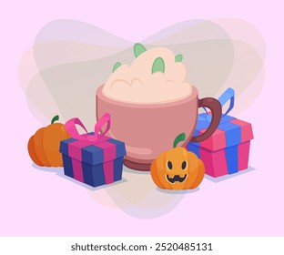 Cup with cappuccino, pumpkins and gift boxes on abstract background. Halloween banner design. Celebration, holiday, party concept. Vector illustration for postcard or poster