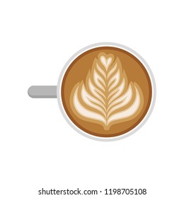 Cup of cappuccino with rosetta latte art, top view. Hot morning drink. Tasty and aroma espresso. Flat vector design