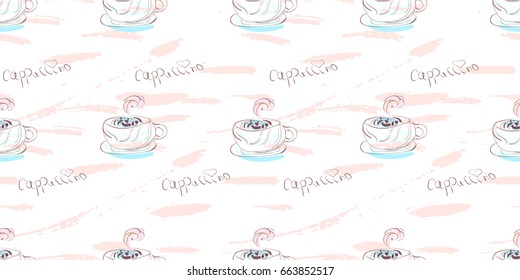 Cup of cappuccino Seamless pattern. Artistic backdrop for packaging, tablecloth, tile, wallpaper, menu list, fabric. Vector