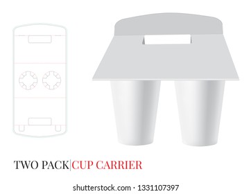 Cup Carrier Template, Two Pack Beer Carrier. Vector with die cut / laser cut layers. White, clear, blank, isolated Beer, Coffee Pack Holder mock up on white background with perspective view 