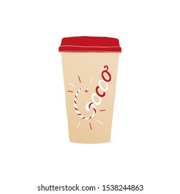 A cup to carry with lettering "Cacao". Chritmas or winter hot drink. Holiday color poster. Good for scrap booking, posters, greeting cards, banners, textiles, gifts, shirts.