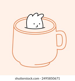 Cup cartoon illustration. Tea glass doodle background. Vector character floating in mug. Dissolve in coffee like sugar. Creative mascot icon, logo, design for shop, cafe menu templates