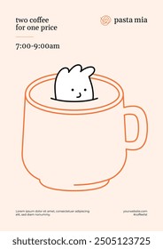 Cup cartoon poster illustration. Two coffee for one price. Dissolve in tea like sugar. Cute character floating in mug. Creative mascot icon, logo, banner, design for shop, cafe menu templates