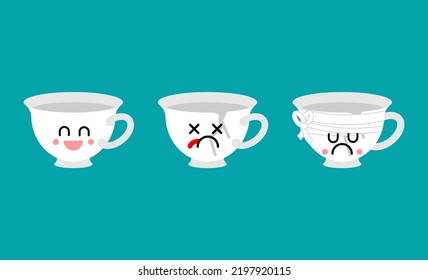 Cup cartoon set. Joyful, sad and broken mug