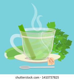 Cup of celery tea. Tea sachet with celery behind the saucer. Piece of celery inside the cup. Smoke on the drink. Spoon in front of cup.