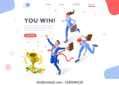 Cup challenge reward, top prize, happy target images. Luck on competition, financial event, fortune and victory for the growth. Winner with coins and employees. Flat isometric vector illustration.