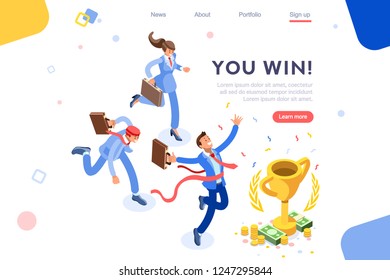 Cup challenge reward, top prize, happy target images. Luck on competition, financial event, fortune and victory for the growth. Winner with coins and employees. Flat isometric vector illustration.