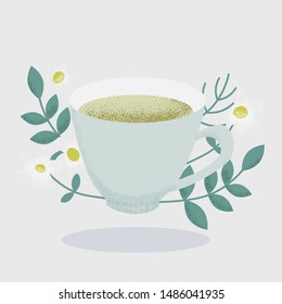 Cup of chamomile tea with daisy flowers and green leaves, simple vector illustration.