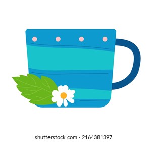 Cup of chamomile tea - modern flat design style single isolated object. Neat detailed image of calming morning drink. Breakfast and lunch in cafe. Beverage and kitchenware, handmade clay pottery idea