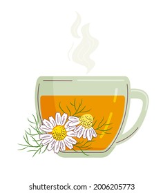 Cup of Chamomile tea. Two flowers and leaves. Vector isolated colorful illustration in outline style.