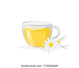 Cup of chamomile tea with white flower. Icon vector illustration. 