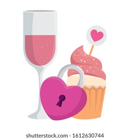 cup champagne with cupcake and padlock vector illustration design