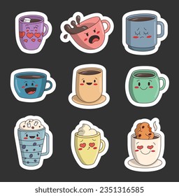 Cup character cartoon. Sticker Bookmark. Fragrant coffee mug. Vector drawing. Collection of design elements.