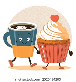 Сake and cup character, happy desserts, cute kawaii cupcake and coffee, tea, funny faces