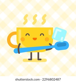 El personaje de la copa sosteniendo una cuchara de azúcar. Carácter gracioso. Ilustración vectorial