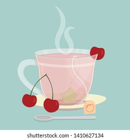 Cup of cherry tea. Tea sachet with group of cherries on the saucer. Smoke on the drink. Spoon in front of cup.