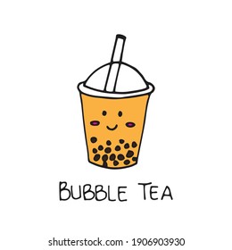 a cup of chocolate bubble tea with straw and smiley face. sweet chocolate flavor with tapioca pearl. hand drawn vector. doodle for kids, logo, cover, banner, poster, sticker, clipart, advert.