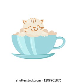 Cup of chocolate, coffee, cocoa decorated with cream cat, cute Kawaii food cartoon character vector Illustration on a white background