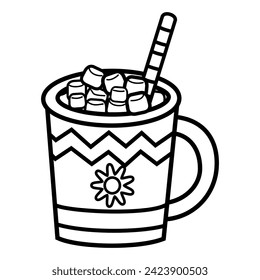 Cup of chocolate and marshmallow vector in black and white