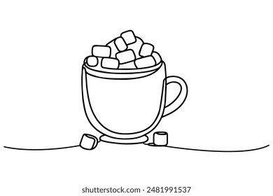 Cup of chocolate with marshmallows contour one line drawing continuous, Vector