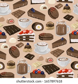 Cup of chocolate milkshake and coffee or cacao with marshmallows, surrounded by different desserts. Vector repeated seamless pattern