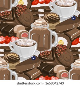 Cup of chocolate milkshake and coffee or cacao with marshmallows, surrounded by different desserts. Vector repeated seamless pattern