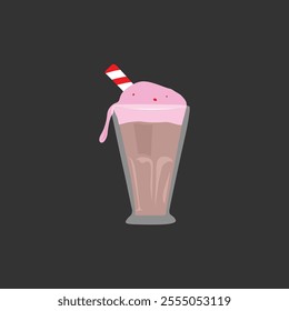 A Cup of Chocolate Strawberry Milkshake with Straw Vector