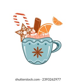 Cup of Christmas cocoa with marshmallow, Sweet mint candy canes, tangerine slice, cinnamon stick,  Gingerbread star on isolated background. Christmas and New Year traditions concept. Vector illustrati