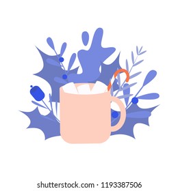 A cup of Christmas drink, cocoa with marshmallow on white background with christmas decoration. Winter relax time. Concept vector illustration for season marketing, templates, card, flyer, banner.