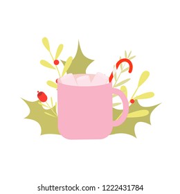A cup of Christmas drink, cocoa with marshmallow on white background with christmas decoration. Winter relax time. Concept vector illustration for season marketing, templates, card, flyer, banner.