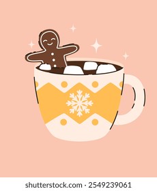 Xícara com bebida de Natal. Chocolate quente com biscoitos e marshmallows. Ilustração de vetor plano.