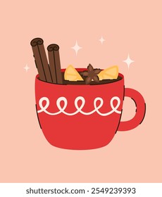 Cup with Christmas drink. Tea with cinnamon and lemon. Flat vector illustration.
