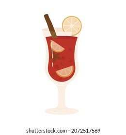 Cup of Christmas mulled wine with orange slice and cinnamon stick, anise and cloves. Winter hot drink. Vector illustration in cartoon style. Isolated on white background.