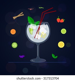 Cup cocktail made with different types of fruits and botanicals. Image in vector format