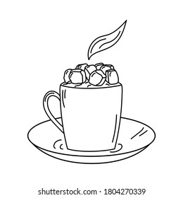 A cup of cocoa. Black and white vector illustration in doodle style.