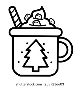 Cup of Cocoa Drink Doodle. Hand drawn Mug with Hot Chocolate, Cream, Marshmallow and Christmas Candy Cane. 