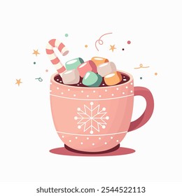 A cup of cocoa or hot chocolate, with a lollipop cane and marshmallows, vector illustration.