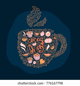 A cup of cocoa with an inscription, a biscuit and a marshmallow, in the style of a children's illustration. Vector image on a dark blue background.
